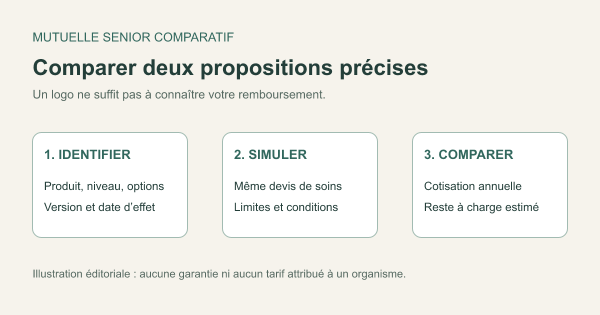 Schéma éditorial : relier formule, tableau, devis de soins et reste à charge pour comparer deux complémentaires santé
